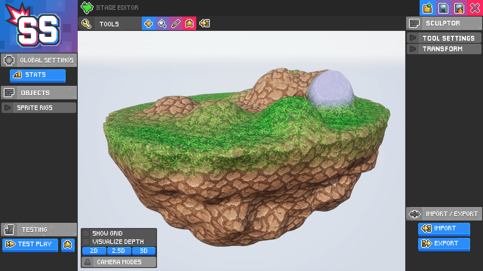 Sculpting terrain in the Stage Editor.