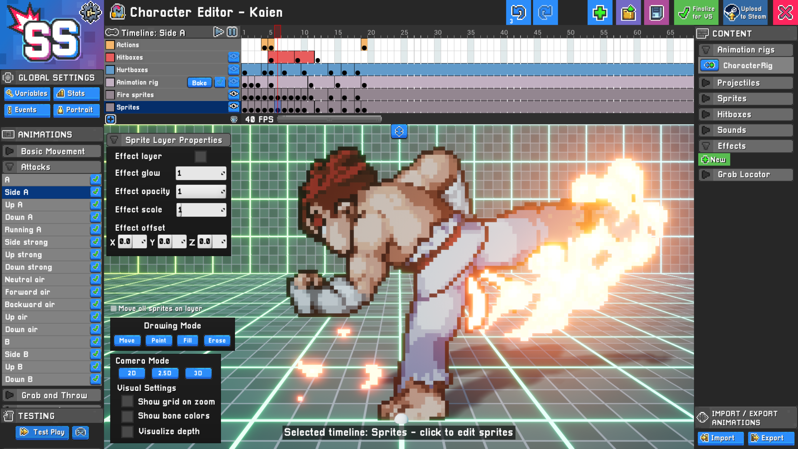 Editing effects in the Character Editor.